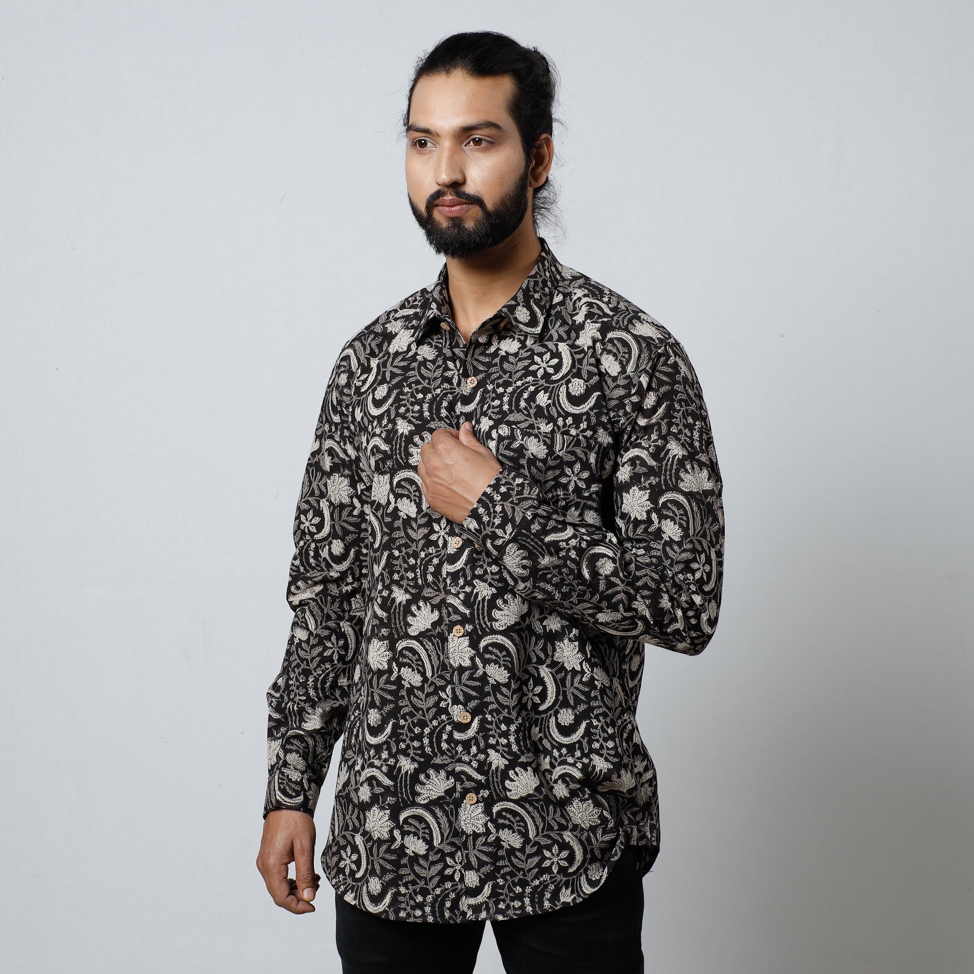 Black - Bagru Block Printed Cotton Men Full Sleeve Shirt