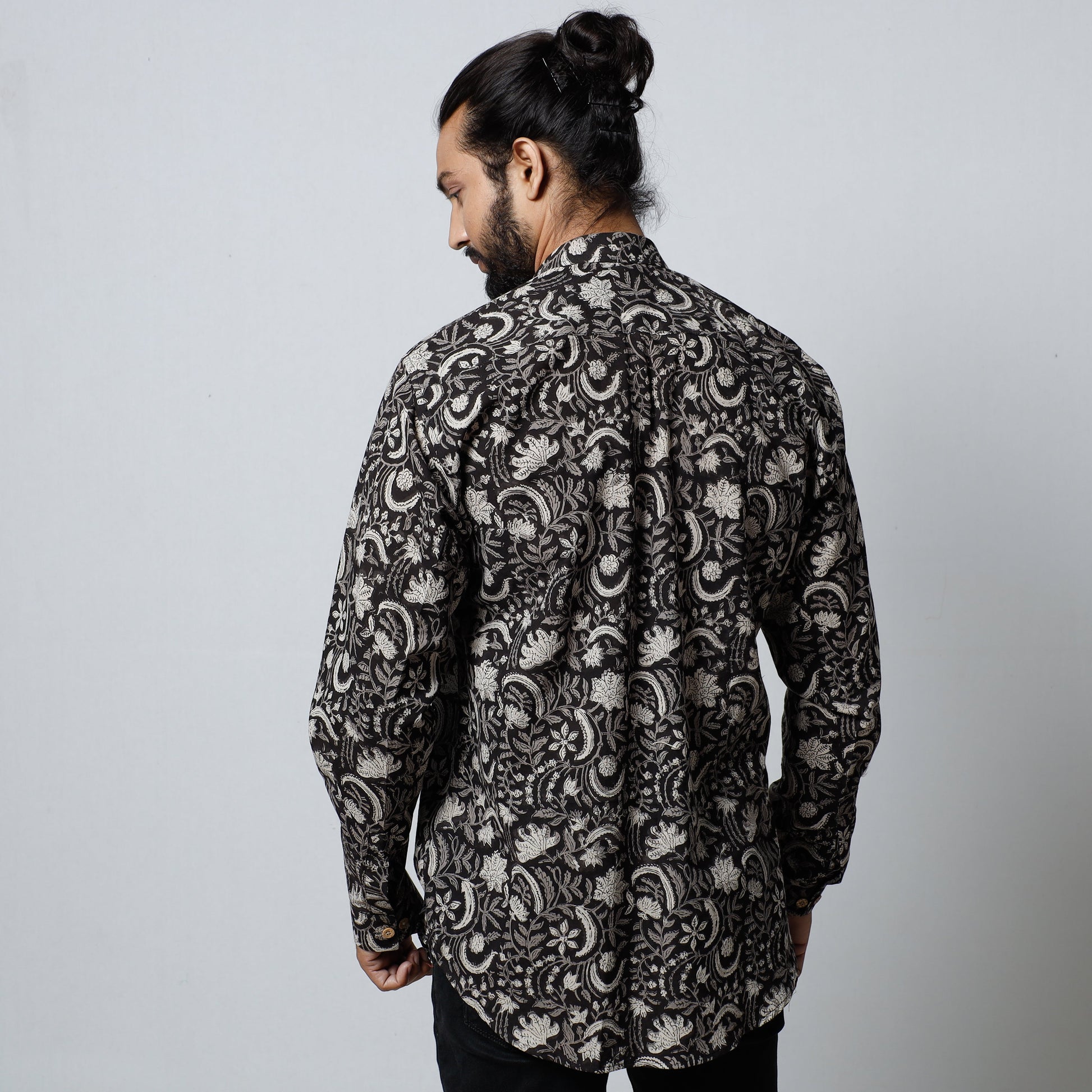 Black - Bagru Block Printed Cotton Men Full Sleeve Shirt