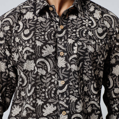 Black - Bagru Block Printed Cotton Men Full Sleeve Shirt
