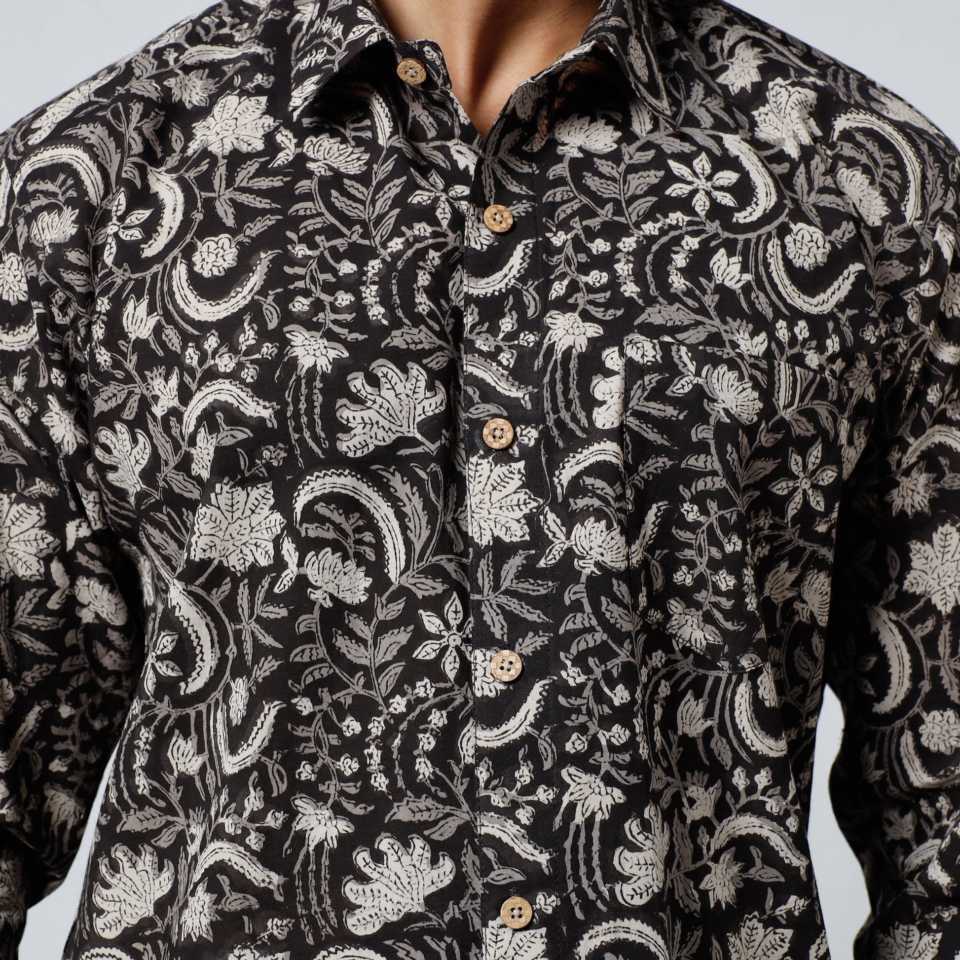 Black - Bagru Block Printed Cotton Men Full Sleeve Shirt