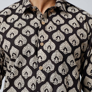 Black - Bagru Block Printed Cotton Men Full Sleeve Shirt