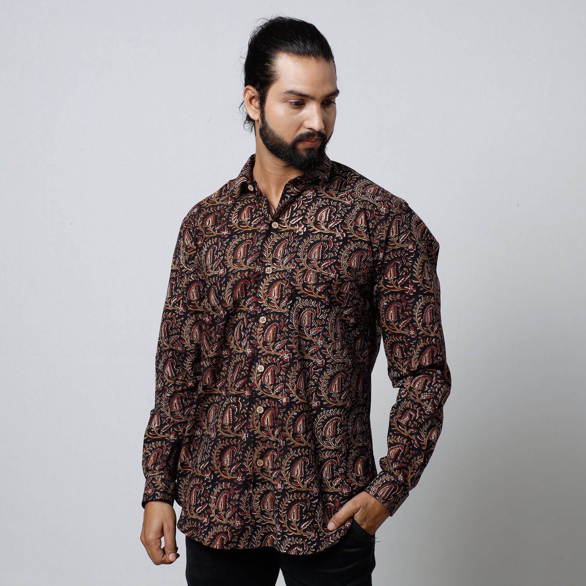 Black - Bagru Block Printed Cotton Men Full Sleeve Shirt