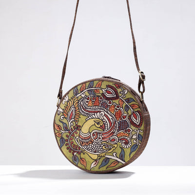 Brown - Round Sling Bag - Handpainted Kalamkari Natural Dyed Ghicha Silk
