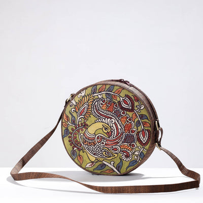 Brown - Round Sling Bag - Handpainted Kalamkari Natural Dyed Ghicha Silk