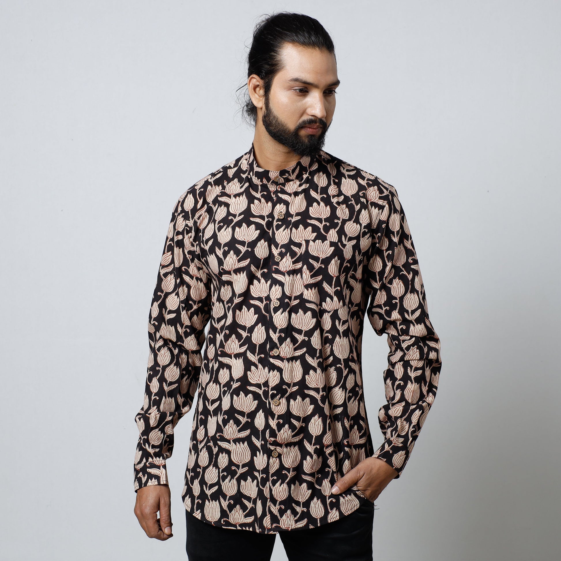Black - Bagru Block Printed Cotton Men Full Sleeve Shirt