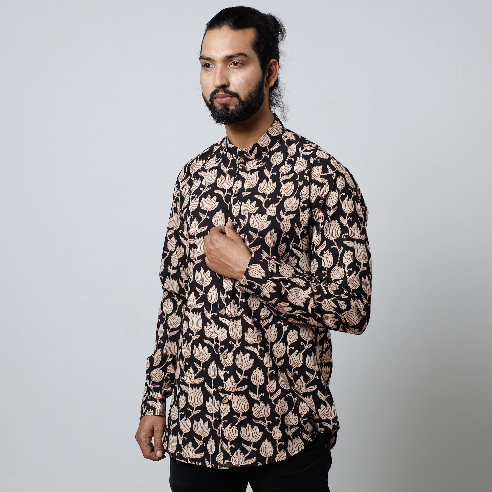 Black - Bagru Block Printed Cotton Men Full Sleeve Shirt