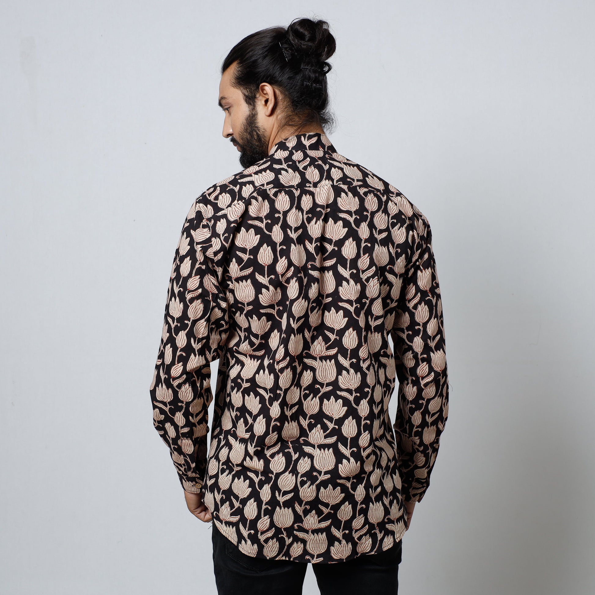 Black - Bagru Block Printed Cotton Men Full Sleeve Shirt