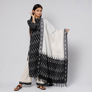 Black - Pochampally Ikat Weave Cotton Kurta with Palazzo & Dupatta Set