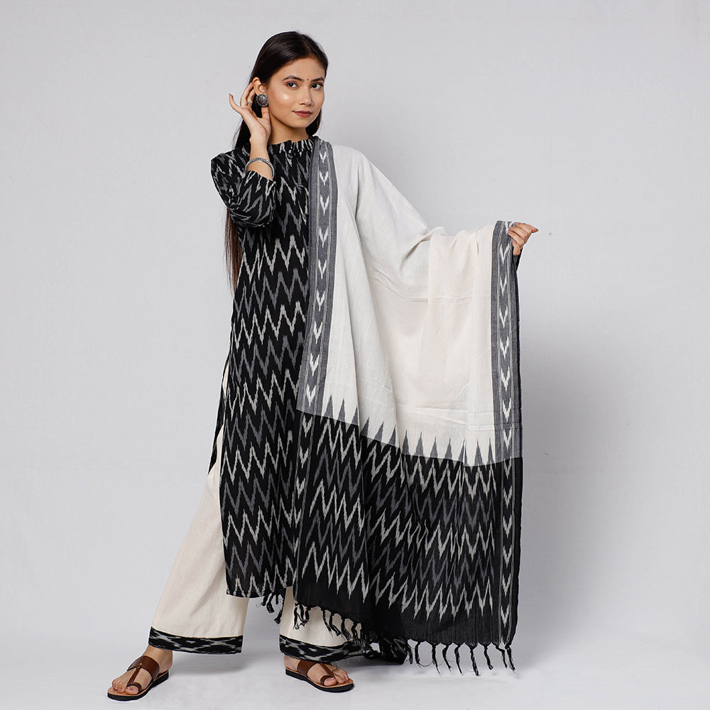 Black - Pochampally Ikat Weave Cotton Kurta with Palazzo & Dupatta Set