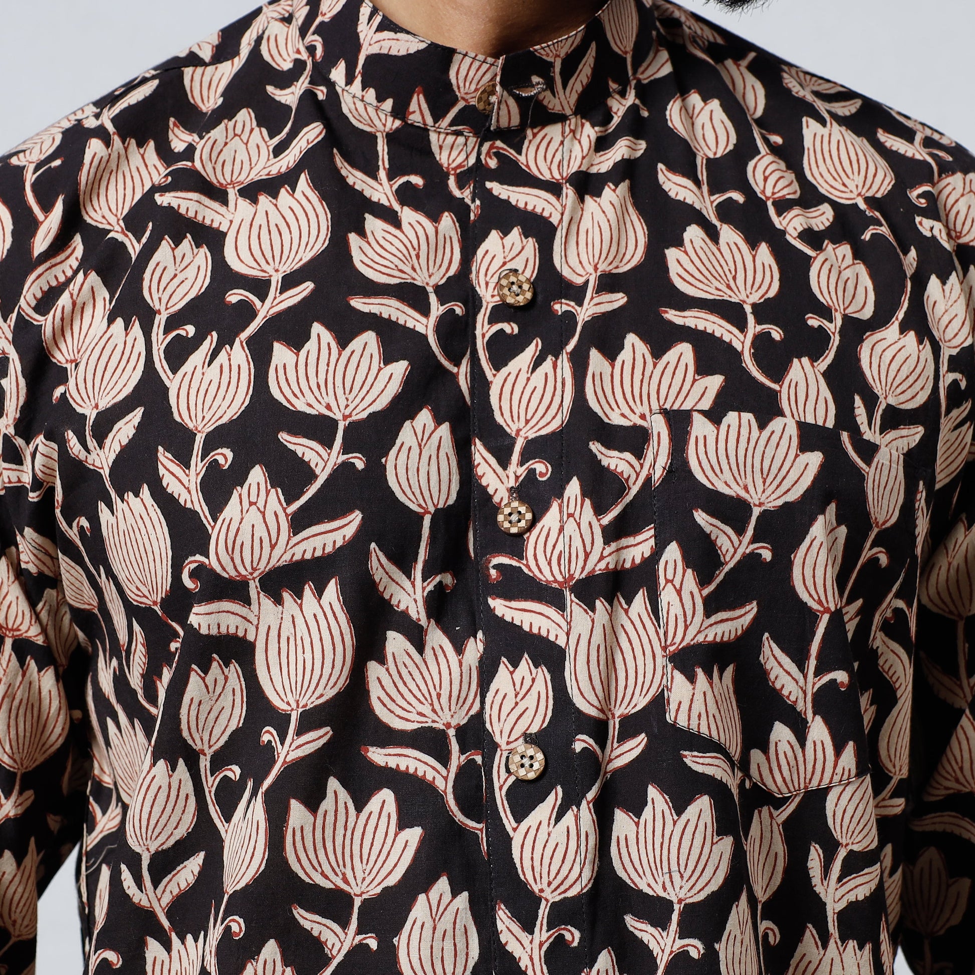 Black - Bagru Block Printed Cotton Men Full Sleeve Shirt