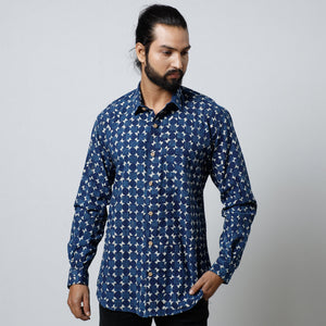 Blue - Bagru Block Printed Cotton Men Full Sleeve Shirt