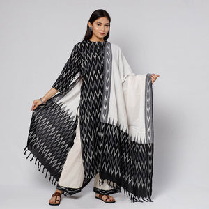 Black - Pochampally Ikat Weave Cotton Kurta with Palazzo & Dupatta Set