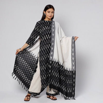 Black - Pochampally Ikat Weave Cotton Kurta with Palazzo & Dupatta Set
