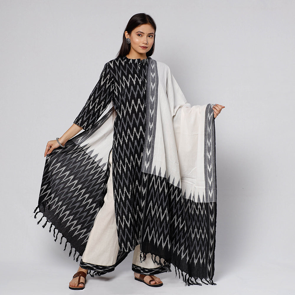 Black - Pochampally Ikat Weave Cotton Kurta with Palazzo & Dupatta Set