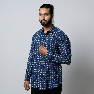 Blue - Bagru Block Printed Cotton Men Full Sleeve Shirt