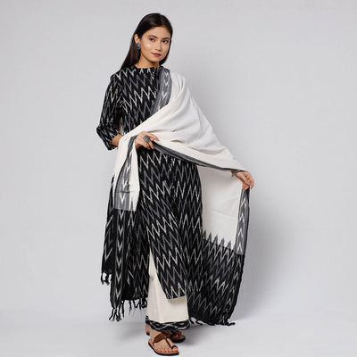 Black - Pochampally Ikat Weave Cotton Kurta with Palazzo & Dupatta Set