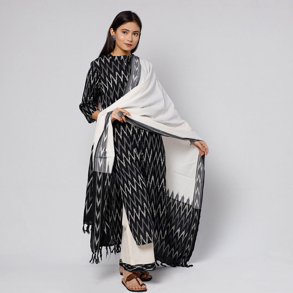 Black - Pochampally Ikat Weave Cotton Kurta with Palazzo & Dupatta Set