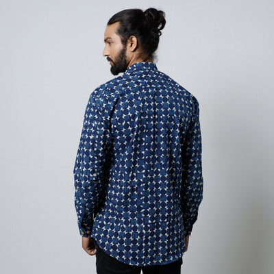 Blue - Bagru Block Printed Cotton Men Full Sleeve Shirt