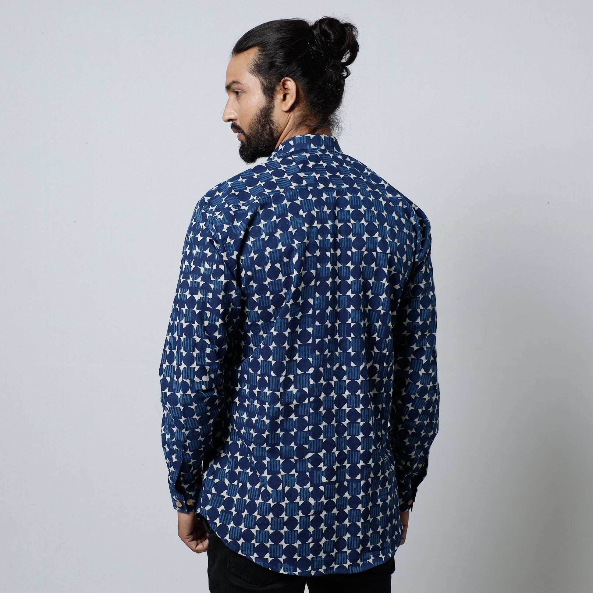 Blue - Bagru Block Printed Cotton Men Full Sleeve Shirt