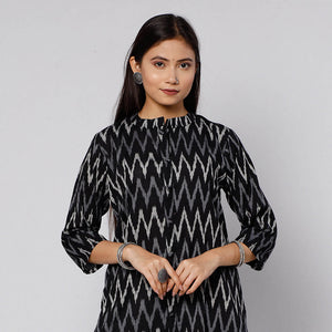 Black - Pochampally Ikat Weave Cotton Kurta with Palazzo & Dupatta Set