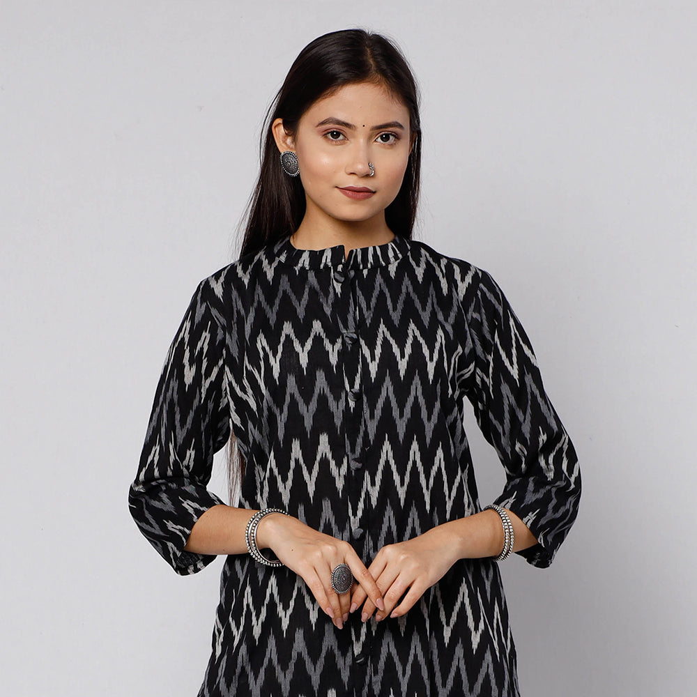 Black - Pochampally Ikat Weave Cotton Kurta with Palazzo & Dupatta Set