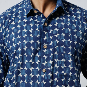 Blue - Bagru Block Printed Cotton Men Full Sleeve Shirt