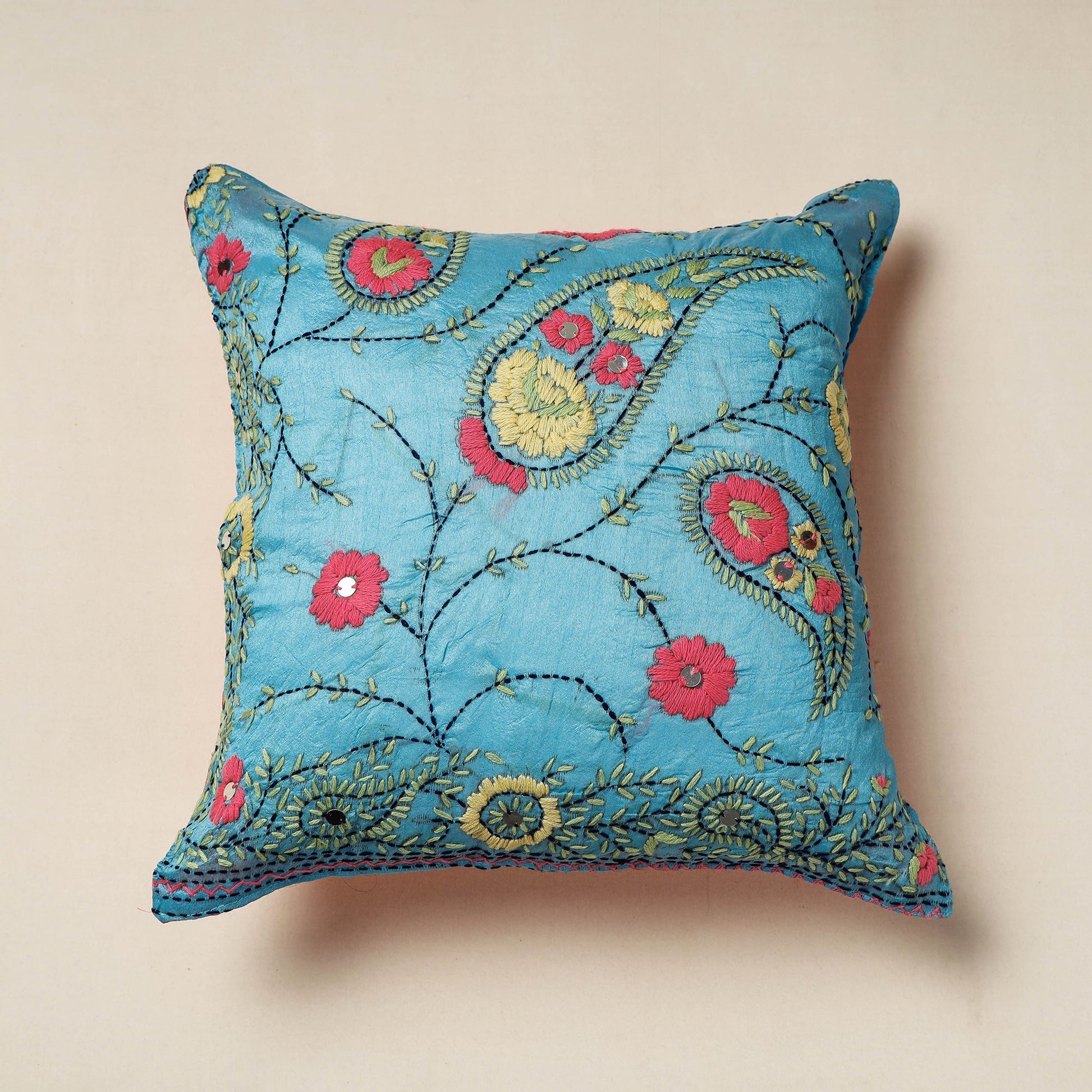 Blue - Chanderi Silk Phulkari Hand Embroidered Cushion Cover