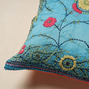 Blue - Chanderi Silk Phulkari Hand Embroidered Cushion Cover