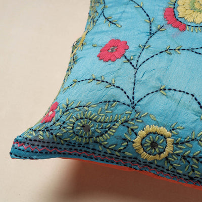 Blue - Chanderi Silk Phulkari Hand Embroidered Cushion Cover