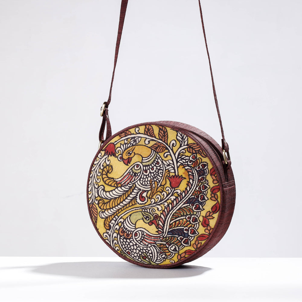 Brown - Round Sling Bag - Handpainted Kalamkari Natural Dyed Ghicha Silk