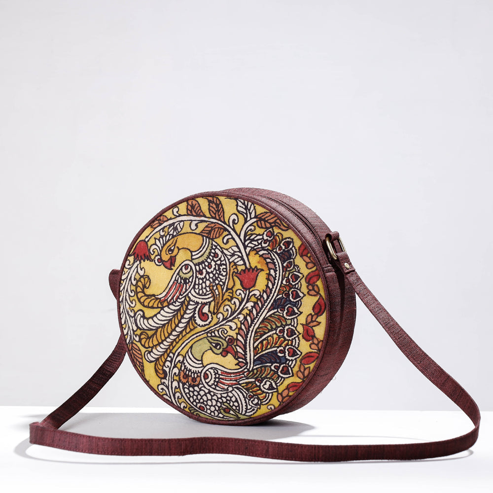 Brown - Round Sling Bag - Handpainted Kalamkari Natural Dyed Ghicha Silk