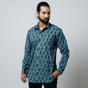 Blue - Bagru Block Printed Cotton Men Full Sleeve Shirt
