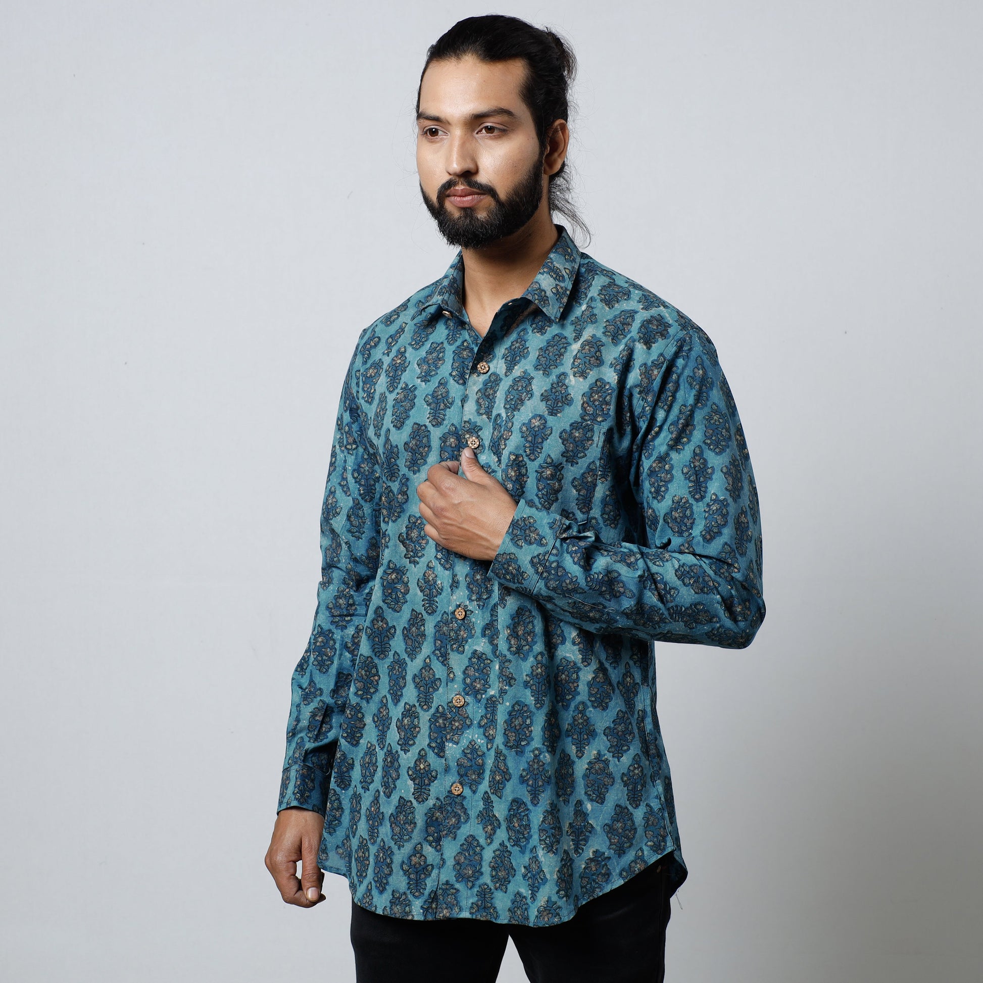 Blue - Bagru Block Printed Cotton Men Full Sleeve Shirt
