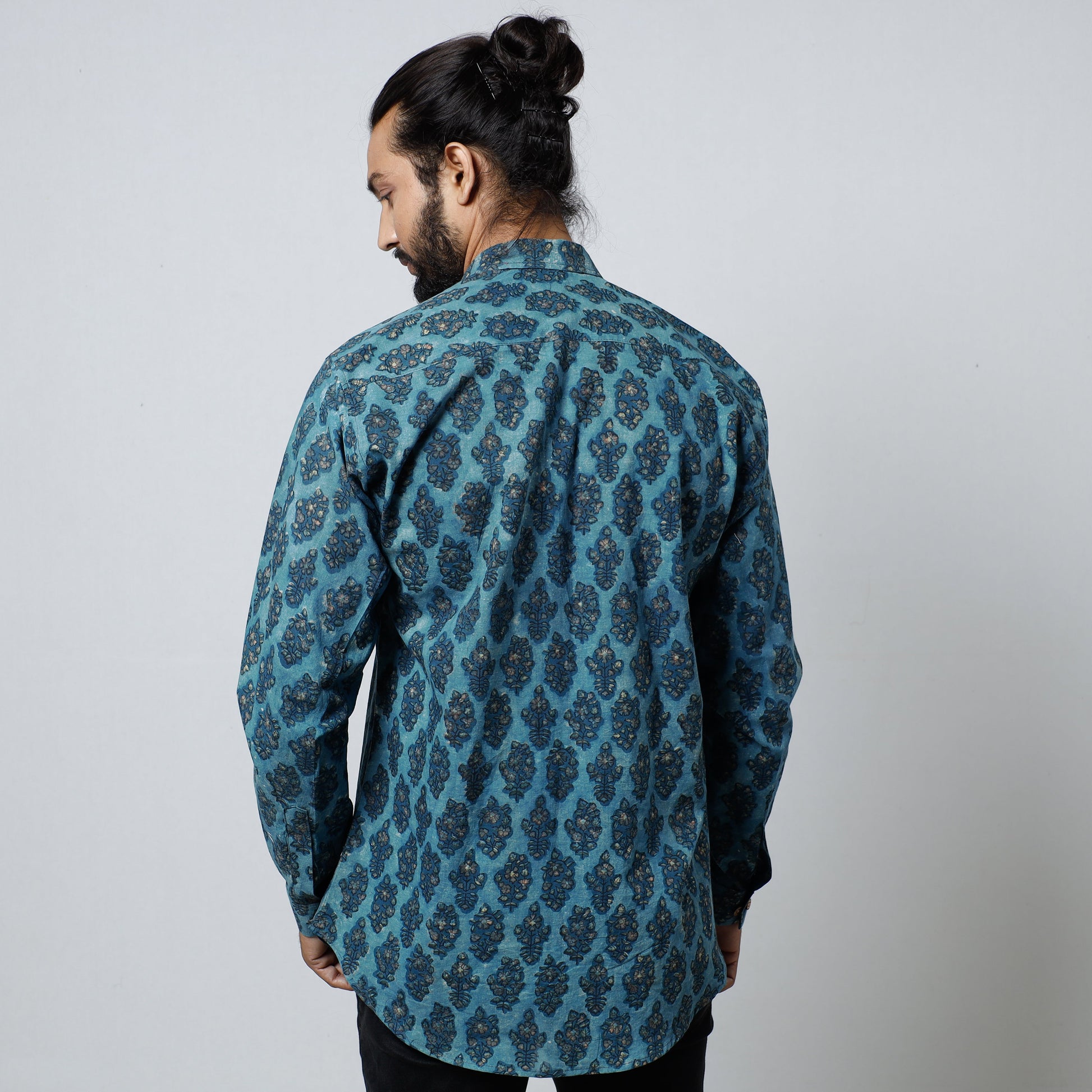 Blue - Bagru Block Printed Cotton Men Full Sleeve Shirt