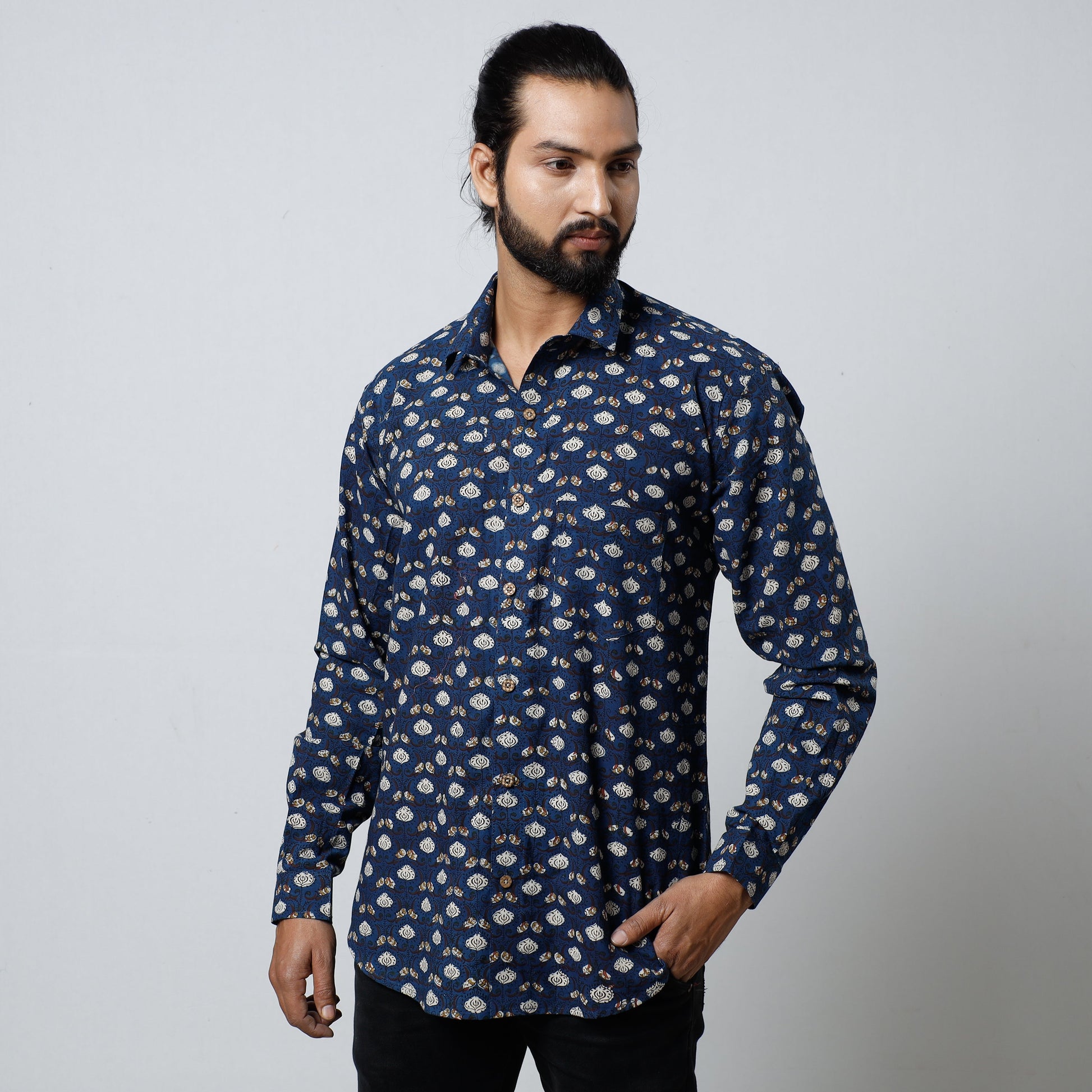 Blue - Bagru Block Printed Cotton Men Full Sleeve Shirt