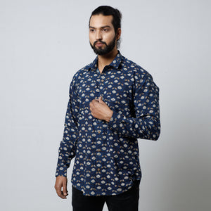 Blue - Bagru Block Printed Cotton Men Full Sleeve Shirt