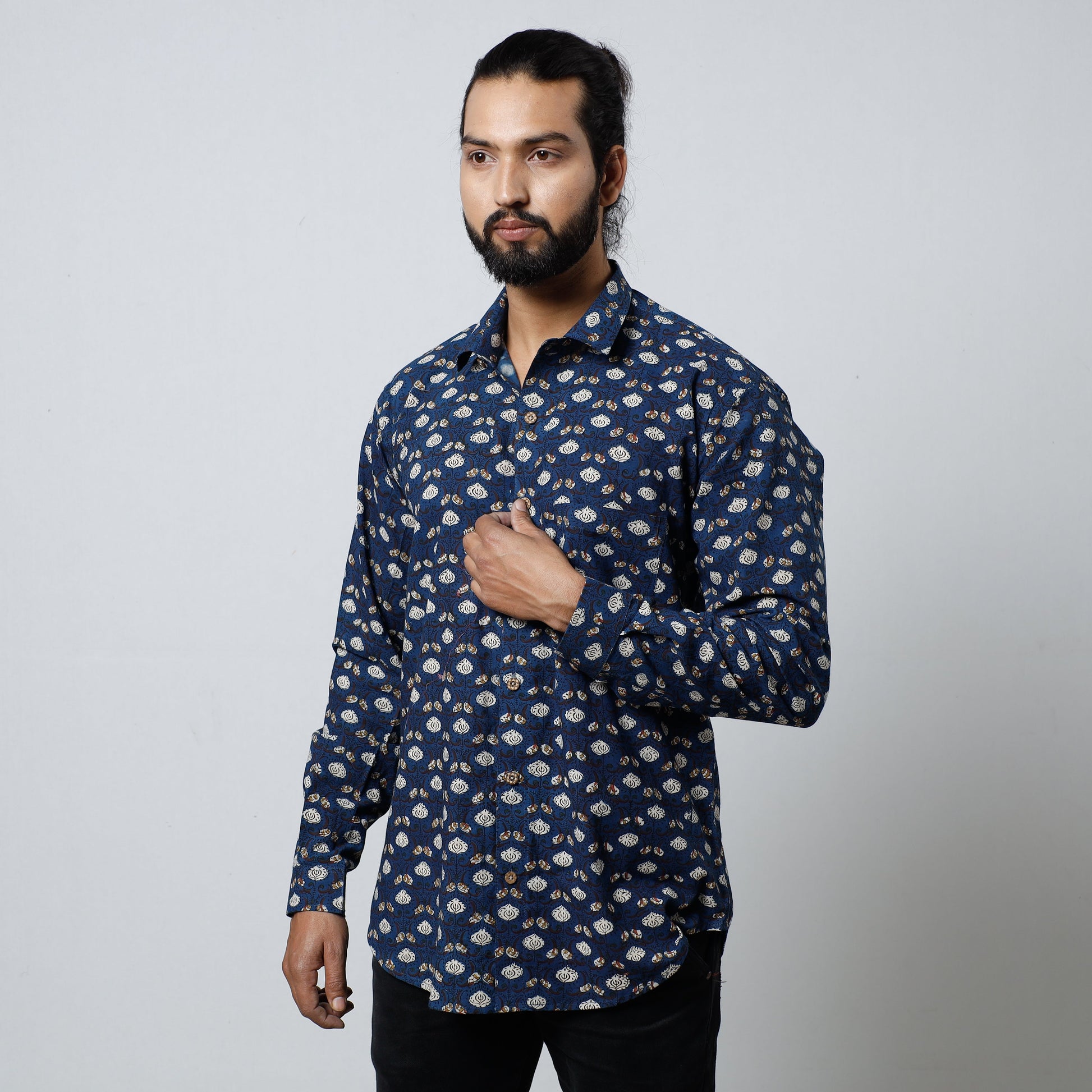 Blue - Bagru Block Printed Cotton Men Full Sleeve Shirt