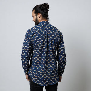 Blue - Bagru Block Printed Cotton Men Full Sleeve Shirt
