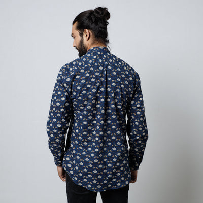 Blue - Bagru Block Printed Cotton Men Full Sleeve Shirt