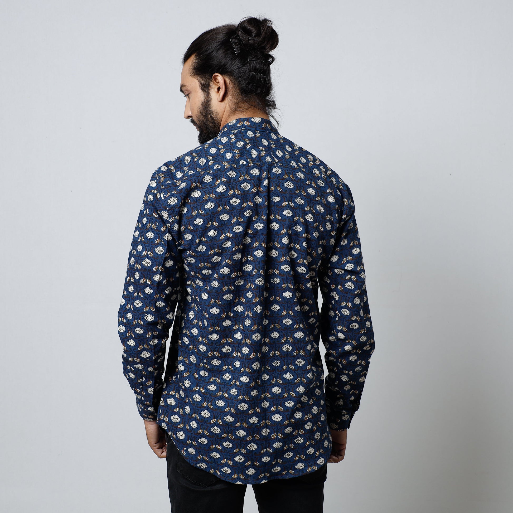 Blue - Bagru Block Printed Cotton Men Full Sleeve Shirt