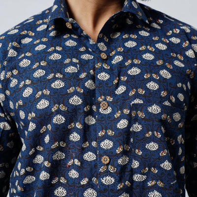 Blue - Bagru Block Printed Cotton Men Full Sleeve Shirt