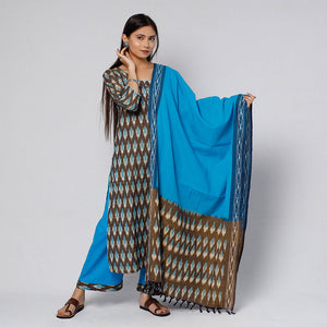 Brown - Pochampally Ikat Weave Cotton Kurta with Palazzo & Dupatta Set