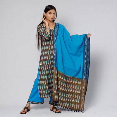 Brown - Pochampally Ikat Weave Cotton Kurta with Palazzo & Dupatta Set