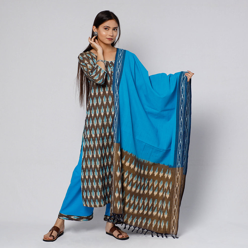 Brown - Pochampally Ikat Weave Cotton Kurta with Palazzo & Dupatta Set