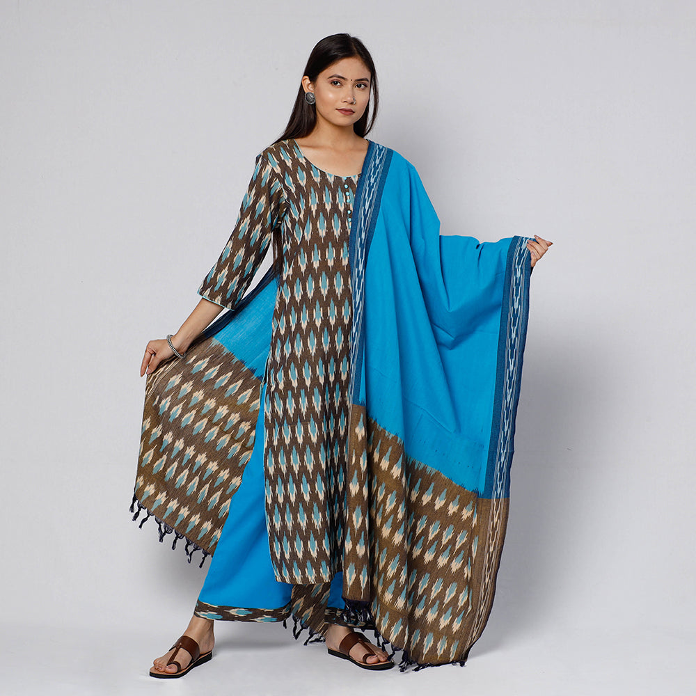 Brown - Pochampally Ikat Weave Cotton Kurta with Palazzo & Dupatta Set