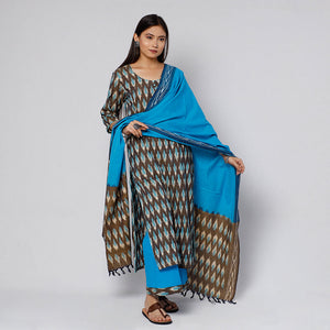 Brown - Pochampally Ikat Weave Cotton Kurta with Palazzo & Dupatta Set
