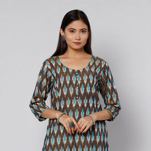 Brown - Pochampally Ikat Weave Cotton Kurta with Palazzo & Dupatta Set