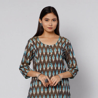 Brown - Pochampally Ikat Weave Cotton Kurta with Palazzo & Dupatta Set