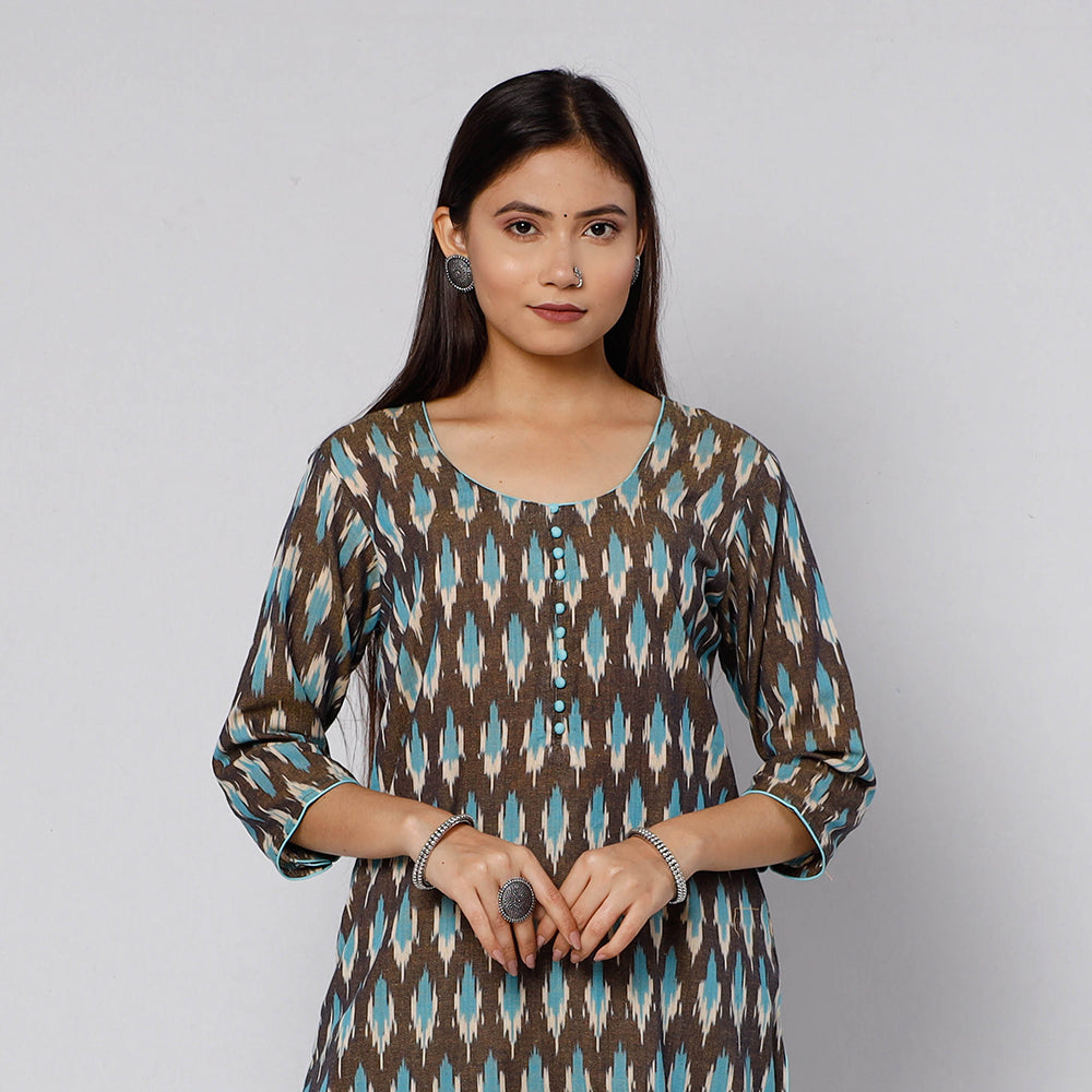 Brown - Pochampally Ikat Weave Cotton Kurta with Palazzo & Dupatta Set
