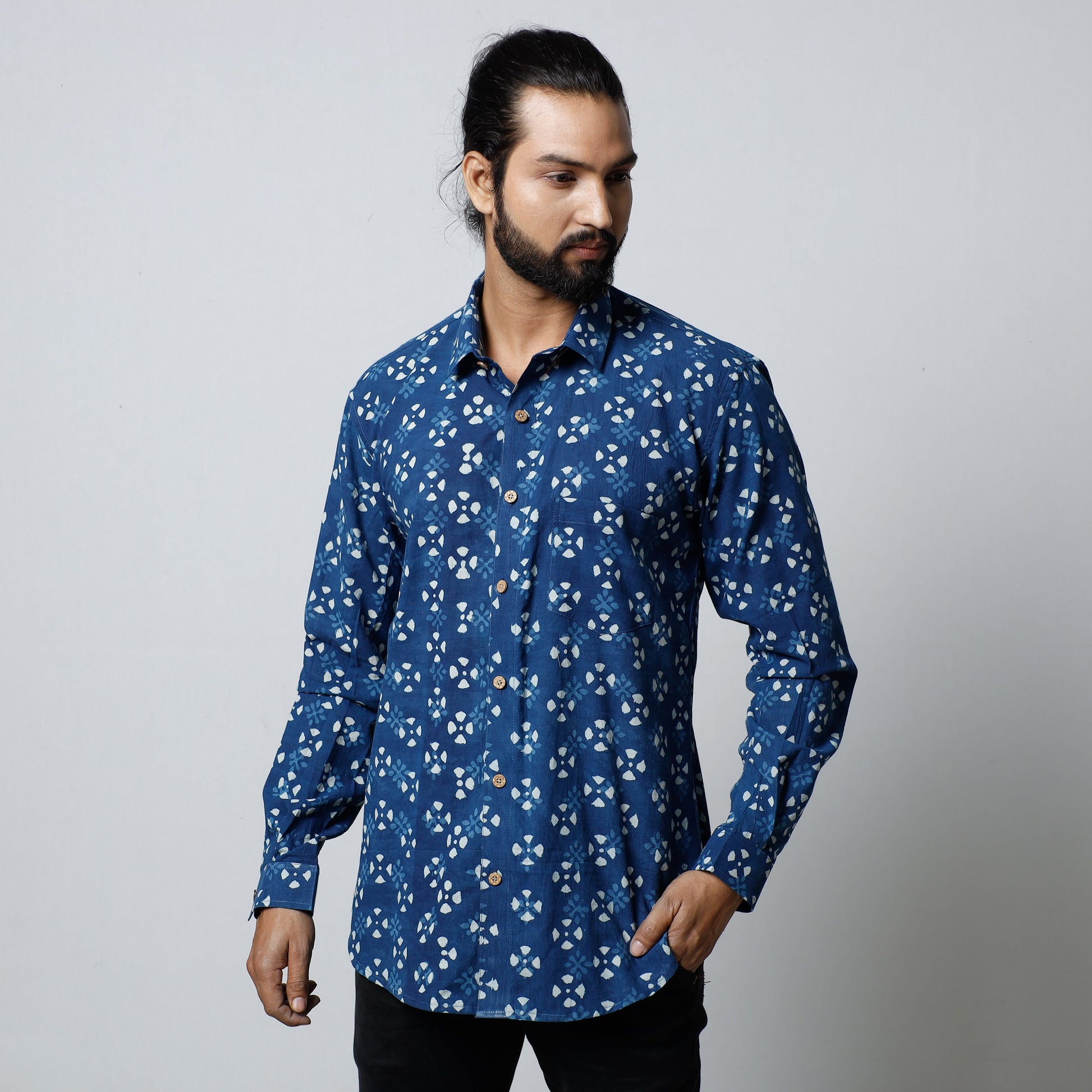 Blue - Bagru Block Printed Cotton Men Full Sleeve Shirt